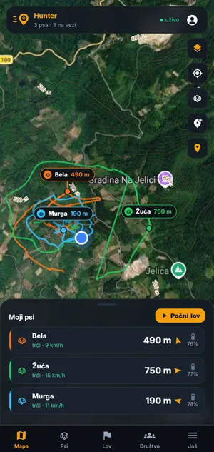 Aplikacija na telefonu — psi na mapi sa udaljenošću i stanjem baterije